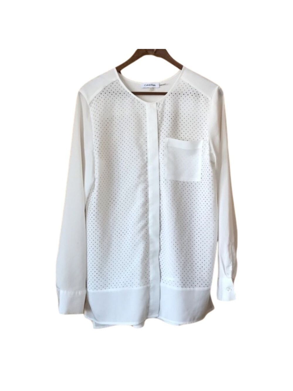 𝅺CALVIN Klein laser cut polka dot lightweight semi sheer blouse size small